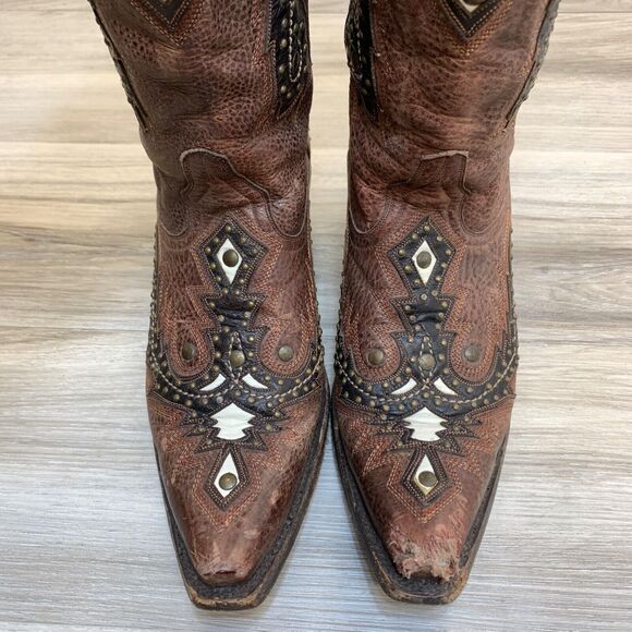 Corral G1042 Womens Studded Inlay 7M Brown Leather Inlay Snip Toe Western Boot - Picture 12 of 16